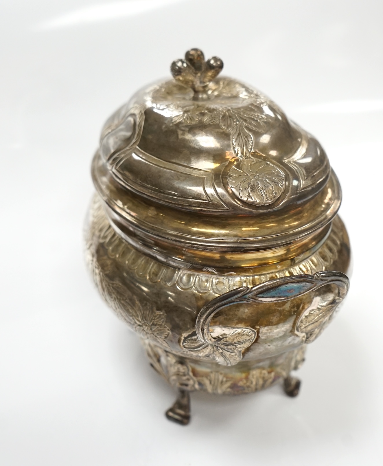 An early 19th century French? white metal oval two handled bowl and cover, maker's mark stamped twice, length 15.3cm, 14.5oz. Condition - poor